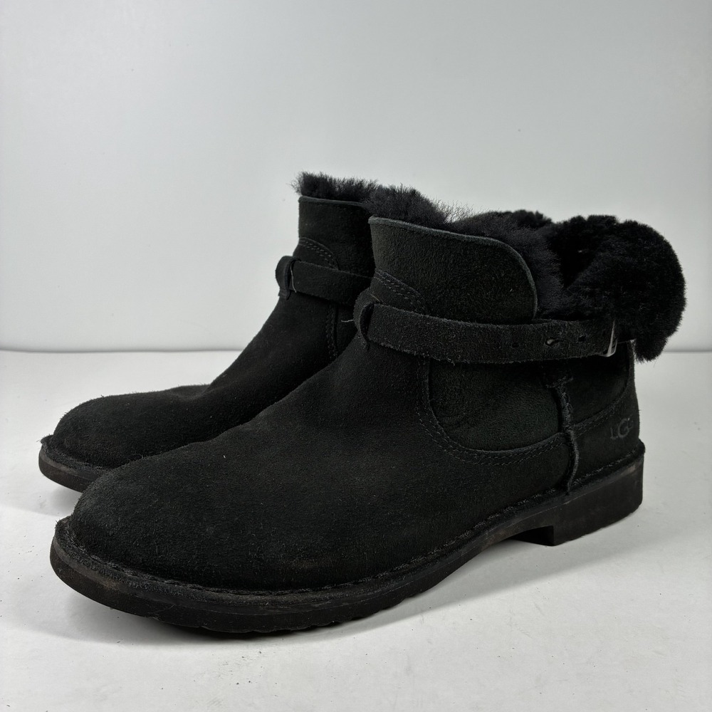 UGG Elisa Women's 8.5 Black Suede Shearling-Lined Fur Winter Ankle Boots 1116107